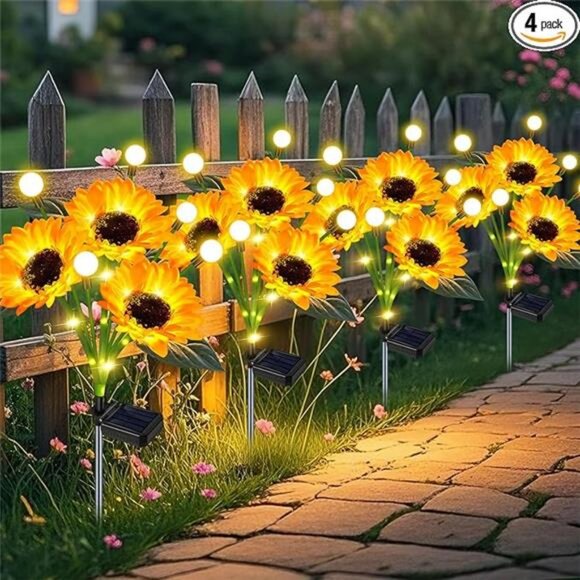 Solar Lights Outdoor Garden Decor,Upgraded 4 Pack Solar Sunflowers with Firefly - Picture 7 of 7